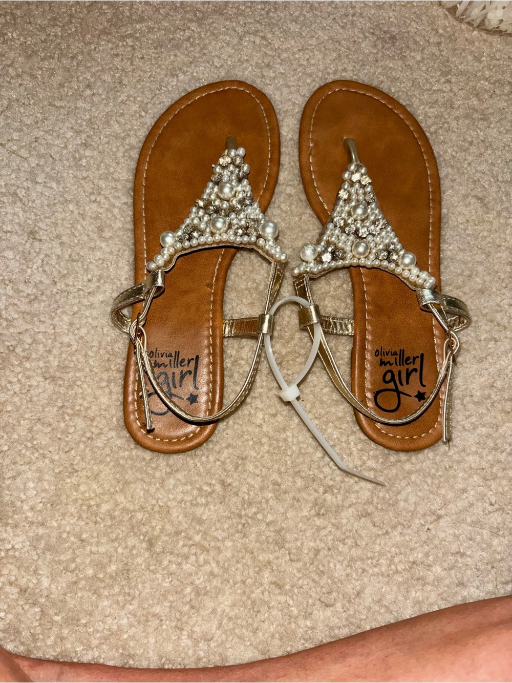 Olivia Miller Girls Gold Pearl & Crystal T-Strap Sandals